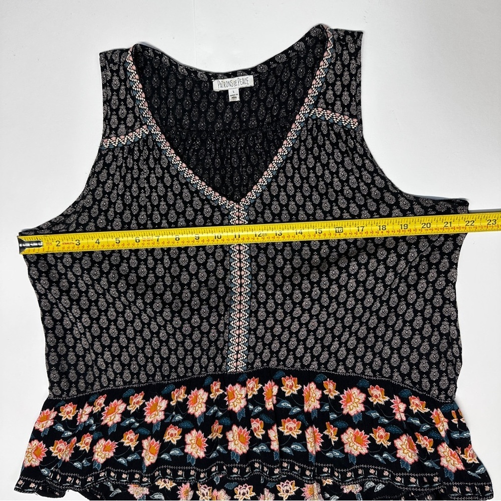 Patrons of Peace Flowy Black Tank Top Floral Print Boho Ruffle Large - Picture 10 of 10
